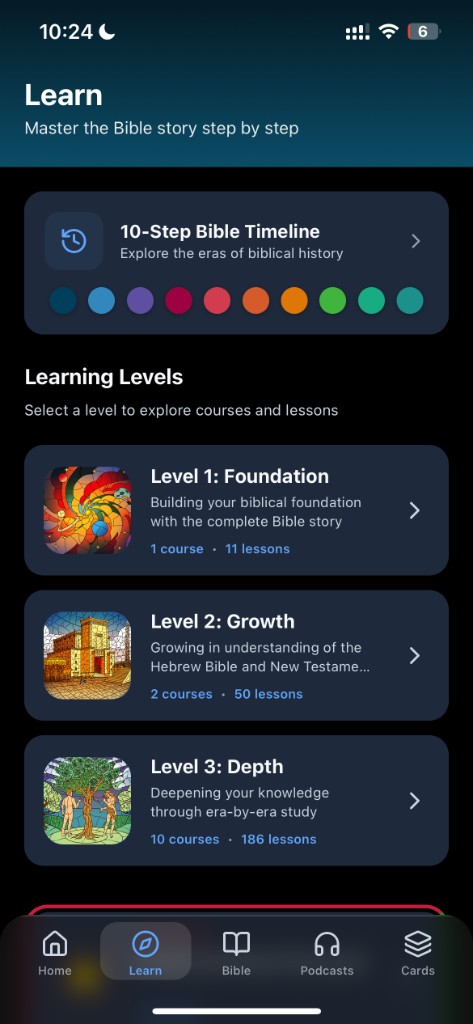 Bible Brief Learn screen showing 3 learning levels